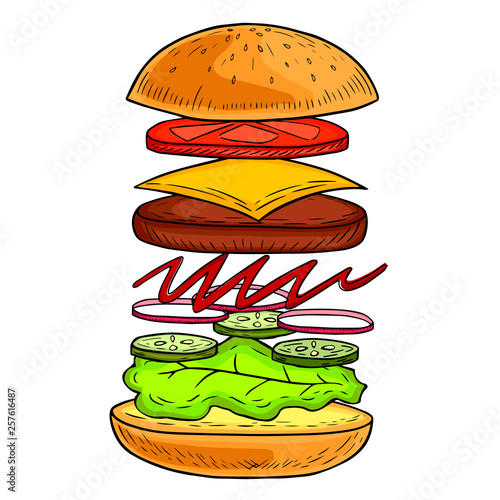 burger with meat and cheese illustration by hand, fast food, appetizing sandwich, iconic food, retro style, fashion graphic, vector image, colored