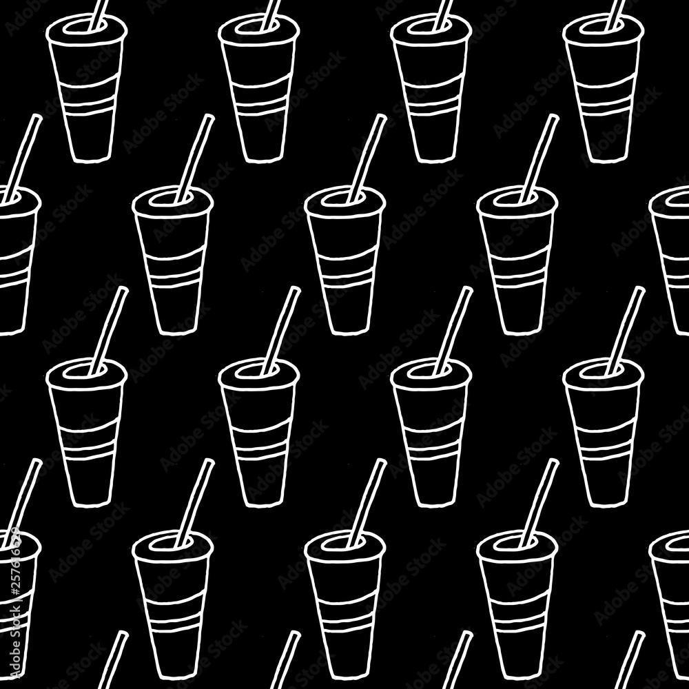 Cute cartoon drink background with hand drawn drink. Sweet vector black