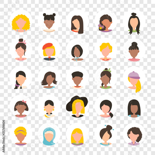 User avatar profile picture icon set in circle including female. Vector illustration in flat design people characters on transparent background.