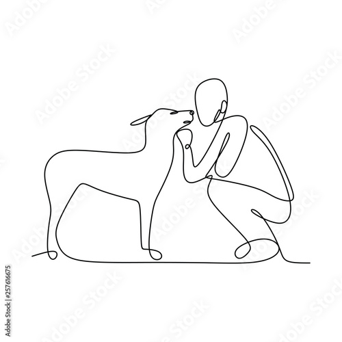 continuous line of person playing with a dog.