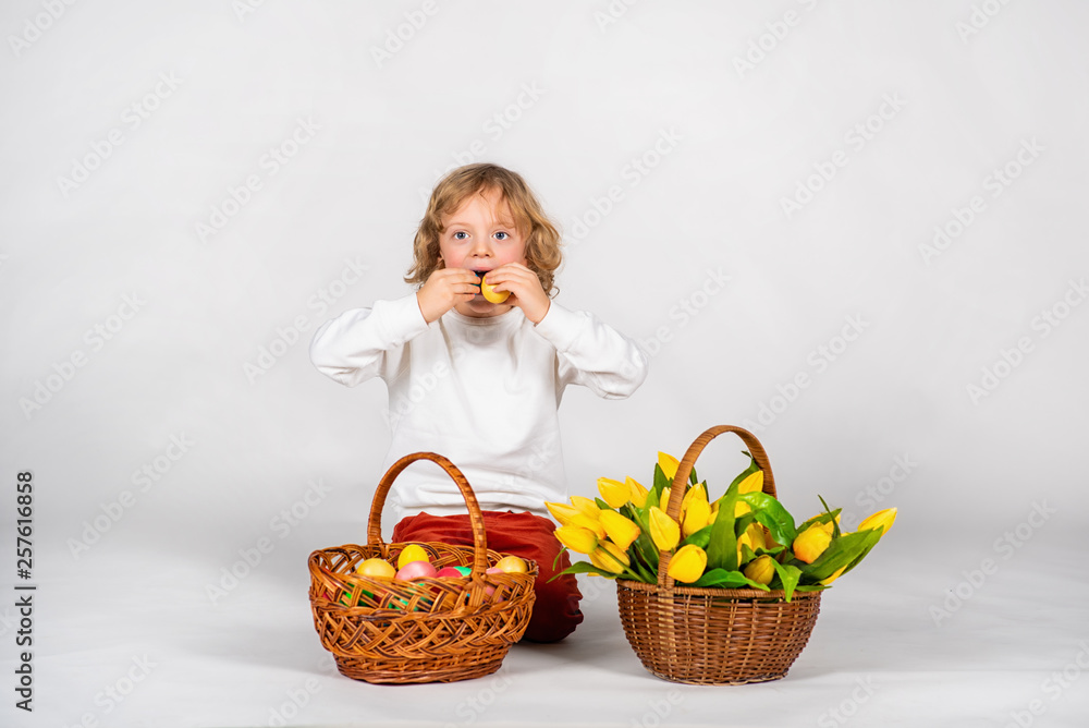 cute boy with wavy hair sits on a white background next to a basket with Easter eggs and holds two eggs in his hands cute boy with wavy hair sits on a white background next to a basket with Easter eggs and holds two eggs in his hands