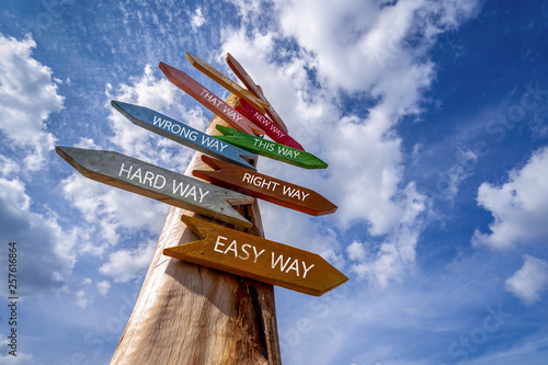 Crossroad signpost saying this way, that way, wrong way, right way, old way, new way, hard way and easy way. Decision making concept.