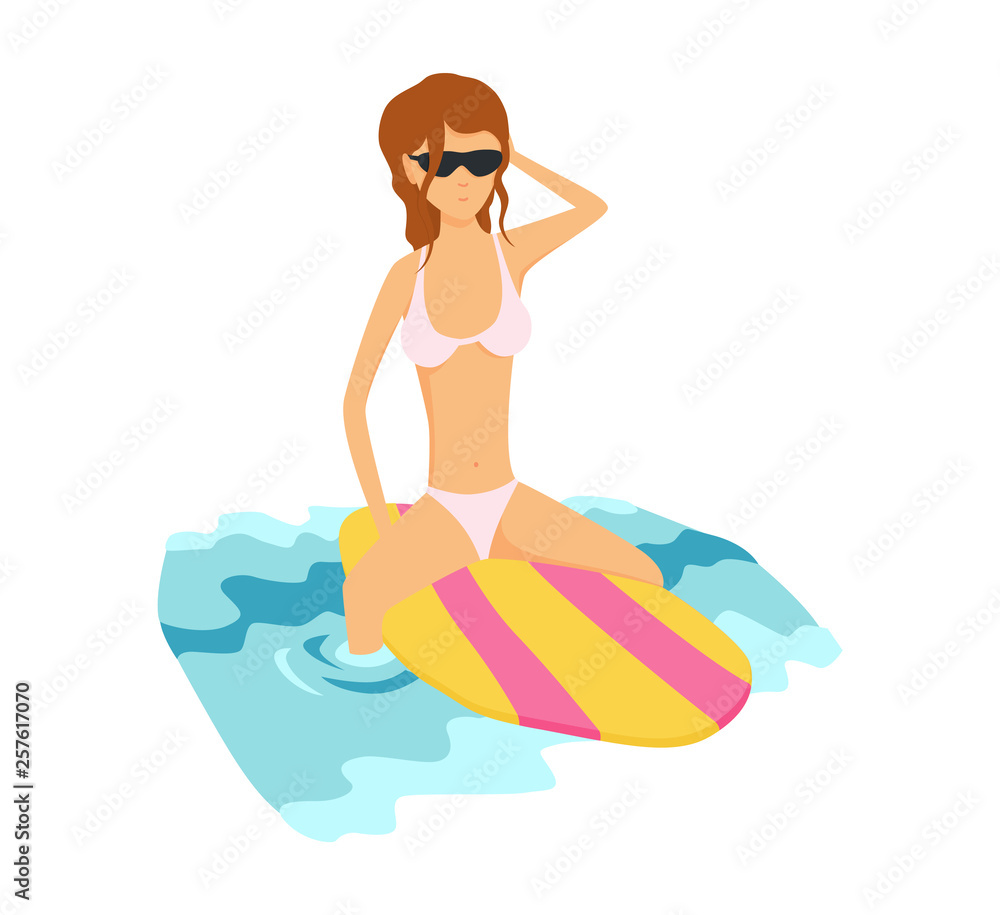 Summer surfing vector illustration of girl or young woman surfer at board on ocean wave. Cartoon poster for summer sport activity and sea leisure hobby.