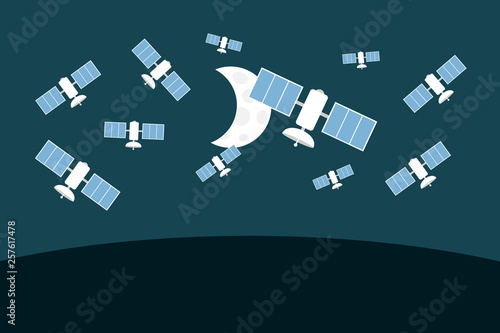 Space garbage and artifical debris - cosmos and Earth orbit is full of satellites during night. Vector illustration