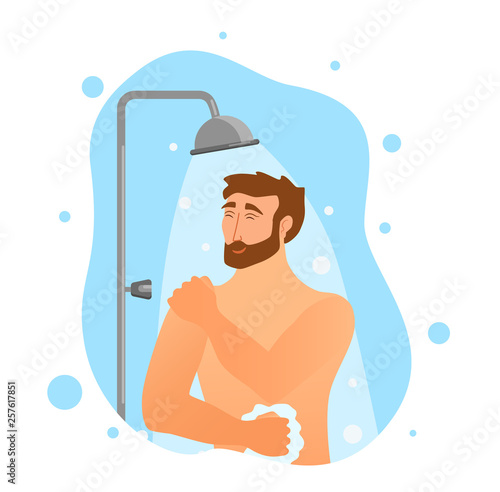 Young man taking shower cartoon vector illustration.