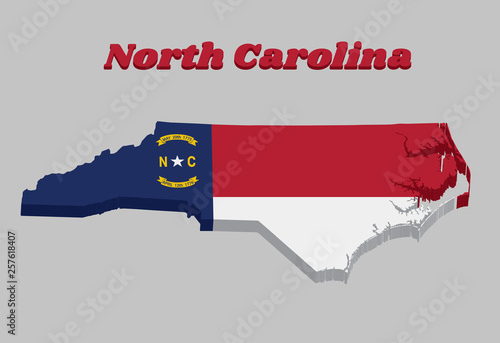 3D Map outline and flag of North Carolina, A blue union, a white star with N and C, the circle containing the same to be one-third the width of the union.