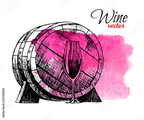 Wine degustation concept in hand drawn design. Barrel, grapes glass of wine on watercolor red background.