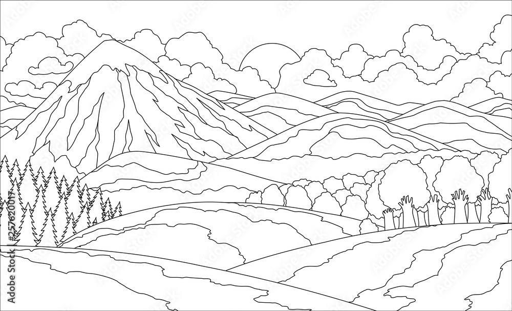 Obraz Summer mountain landscape coloring book. Valley vector illustration.