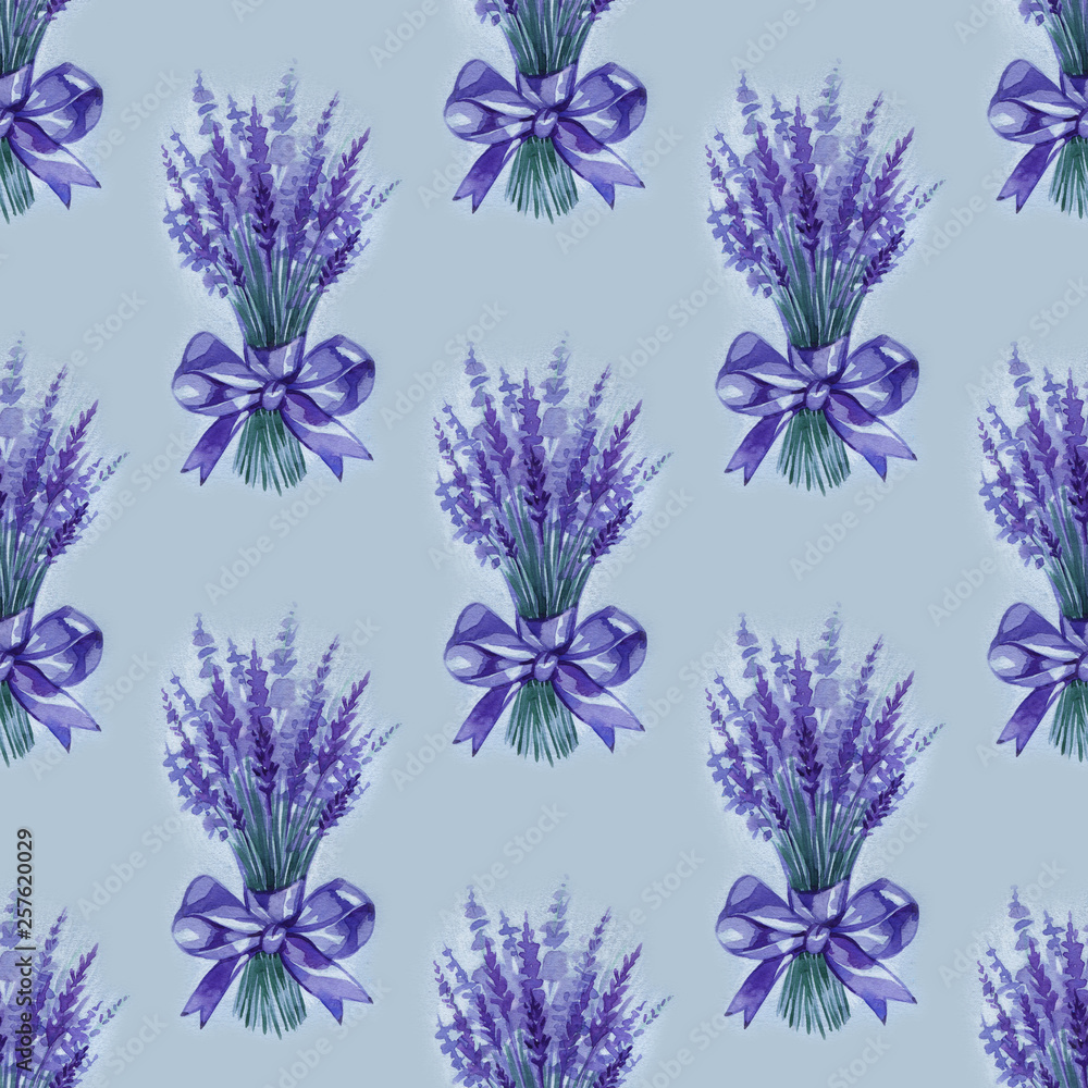 Lavender flowers purple watercolor seamless pattern. Beautiful violet lavender retro background. Elegant fabric on light background Surface pattern design.