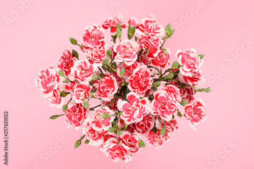 Bouquet of carnation flowers on pastel pink background top overhead view