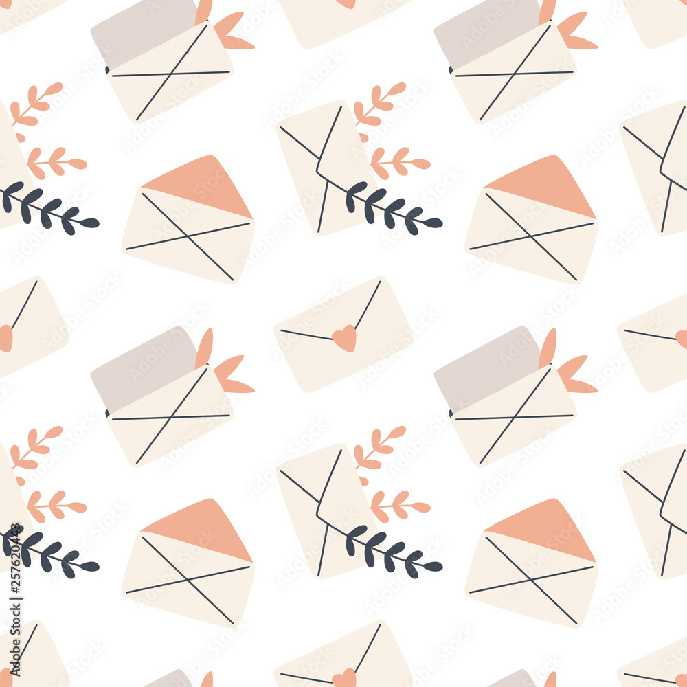 Envelopes and plants hand drawn semaless vector pattern on white background Envelopes and plants hand drawn semaless vector pattern on white background