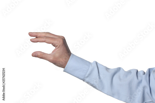 man's hand gesture isolated on white background with clipping path included and copy space for your text
