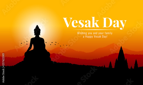 vesak day banner with Silhouette Big Buddha statue on mountain view in evening time vector design