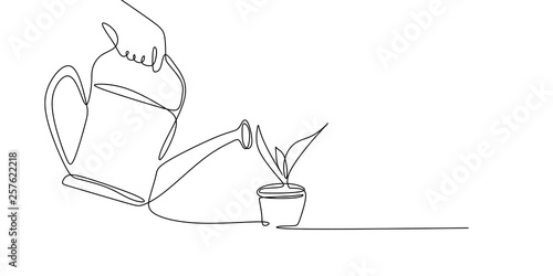continuous line drawing watering plants.