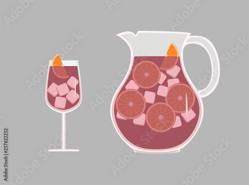 Set of pitcher and glass with a refreshing Spanish drink sangria wine