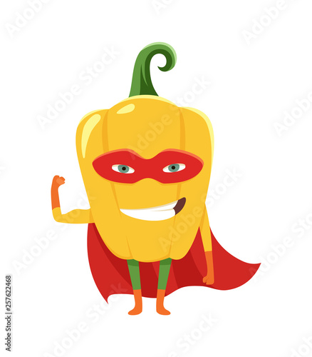 Cute cartoon smiling pepper superhero in mask and cape, colorful humanized vegetable character vector Illustration.