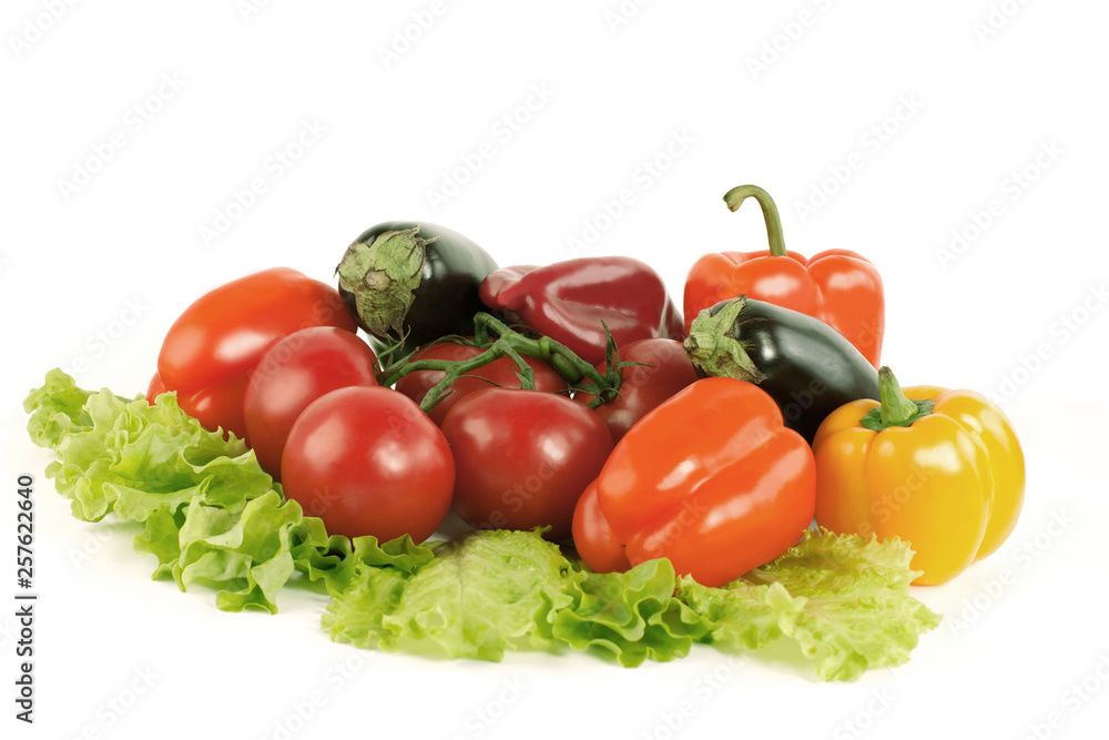 bell pepper,eggplant on lettuce leaves isolated on white bell pepper,eggplant on lettuce leaves isolated on white
