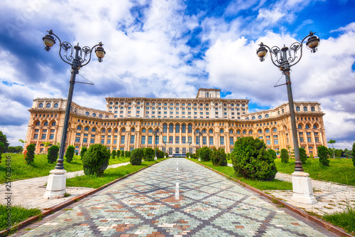 Fantastic architecture Palace of the Parliament of Bucharest at sunny day