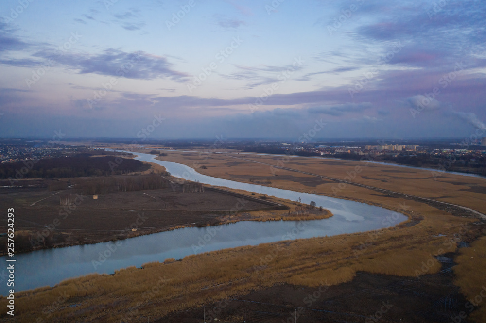 River landscape in evening, aerial view