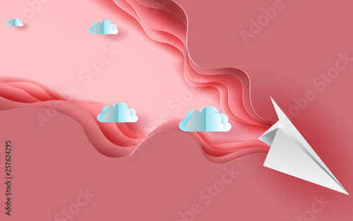 3d paper art of  paper air plane on air cloudscape.Blue abstract paper wave layer cut background.Creative Paper craft style of cover design idea for festival and holiday banner template design.vector.
