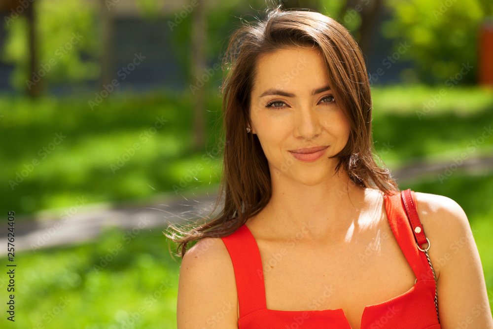 Portrait close up of young beautiful brunette woman