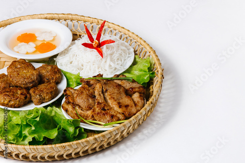 Traditional oriental cuisine of  Vietnam. Bun cha rice noodles with meat steak and bean sprouts