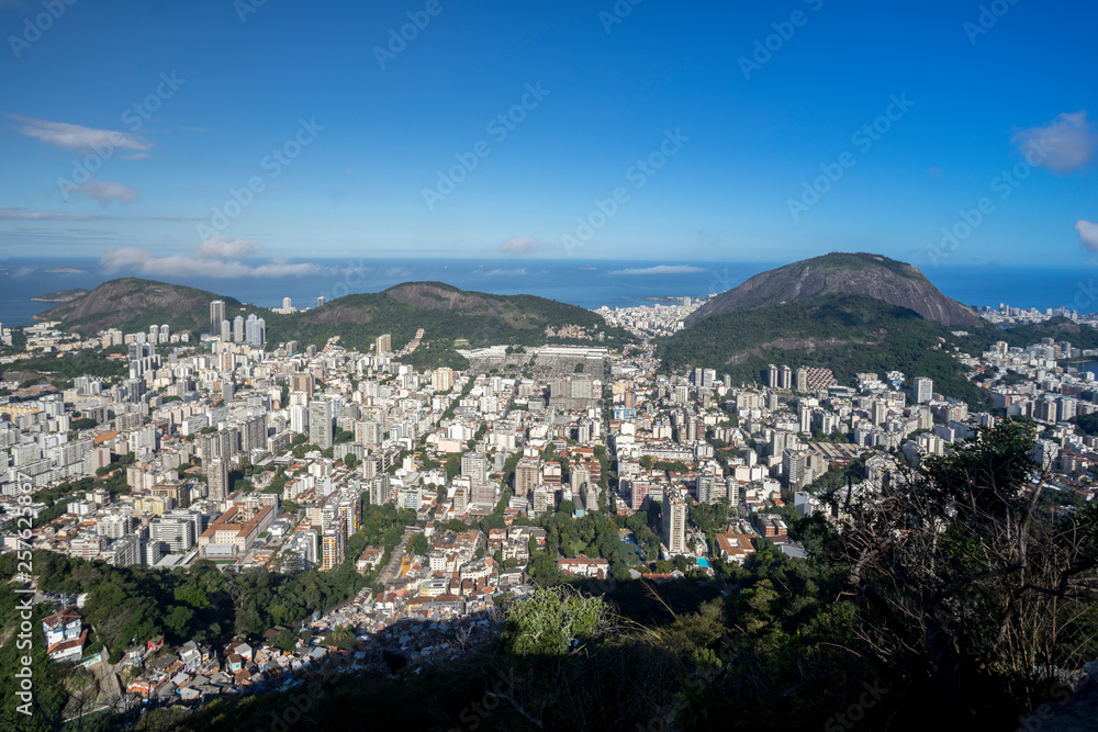Rio de Janeiro neighbourhood of Botafogo with Copacabana and the ocean in the background seen from the Corcovado mountain top