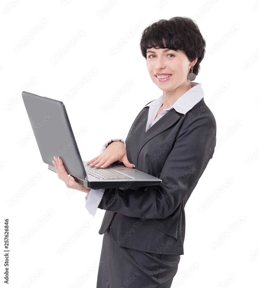 smiling business woman with laptop. isolated on white smiling business woman with laptop. isolated on white