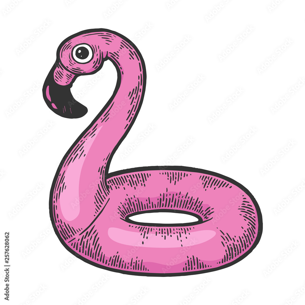 Naklejka premium Flamingo swim beach ring color sketch engraving vector illustration. Scratch board style imitation. Hand drawn image.