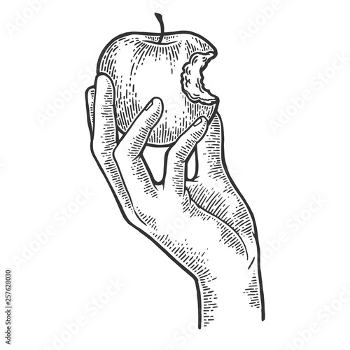 Bitten apple in hand sketch engraving vector illustration. Scratch board style imitation. Black and white hand drawn image.