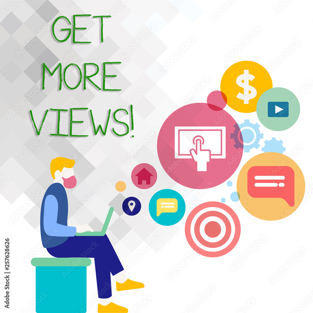 Text sign showing Get More Views. Business photo showcasing Increase web traffic optimise blog strategy analyse digitally Man Sitting Down with Laptop on his Lap and SEO Driver Icons on Blank Space Text sign showing Get More Views. Business photo showcasing Increase web traffic optimise blog strategy analyse digitally Man Sitting Down with Laptop on his Lap and SEO Driver Icons on Blank Space