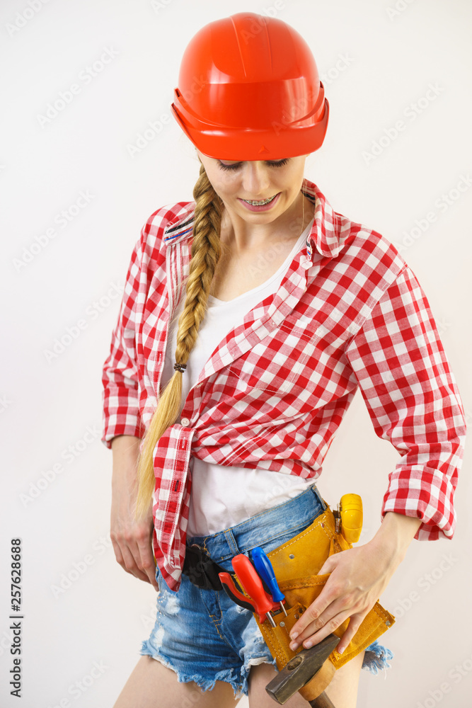 Happy woman in protective helmet Happy woman in protective helmet