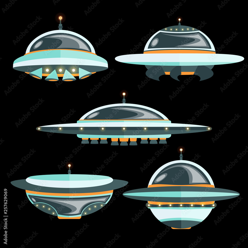 A collection of different flying saucers with burning flashing beacons. Space travel. Vector flat illustration, isolated on white background. A collection of different flying saucers with burning flashing beacons. Space travel. Vector flat illustration, isolated on white background.