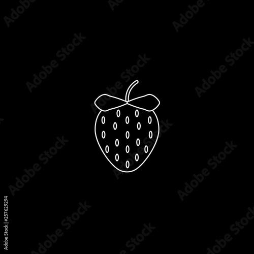 Garden strawberry fruit or strawberries line art vector icon for food apps and websites. White on black