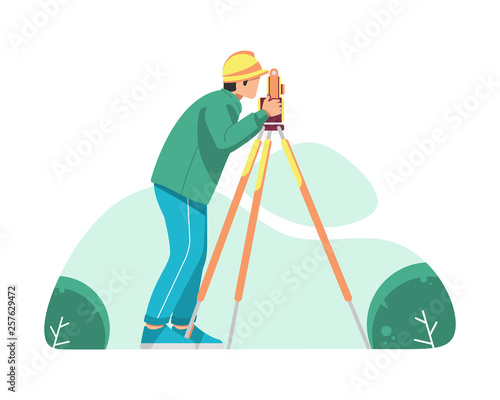 A surveyor is operating the optical level vector flat illustration