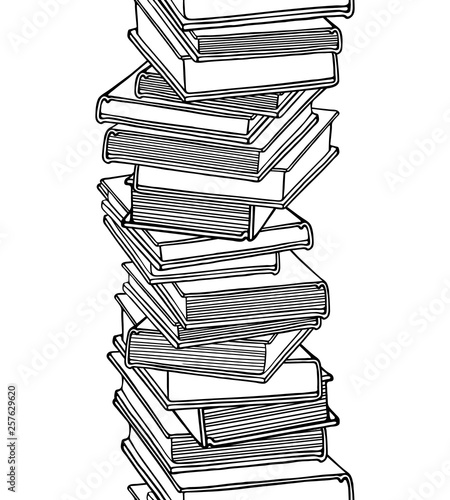 Book stack and school books. A pile of books. Seamless pattern, texture, design element with linear drawings for the library, illustration of learning, reading.
