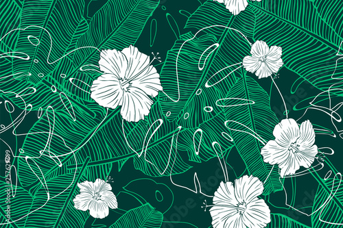 Tropical pattern with banana foliage, monstera leaf and hibiscus flower. Hand drawn tropical leaves. Exotic seamless green background.