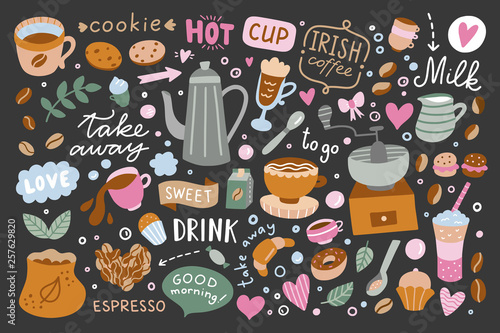 Coffee doodles vector collection. Cute sweet food and drinks illustration for cafe decoration