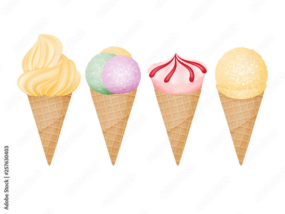 Collection of ice cream cones. vector illustration. isolated objects. realistic style. Collection of ice cream cones. vector illustration. isolated objects. realistic style.