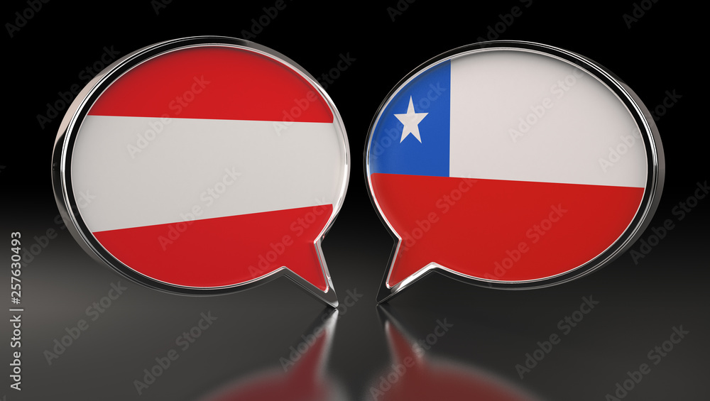 Fototapeta premium Austria and Chile flags with Speech Bubbles. 3D Illustration