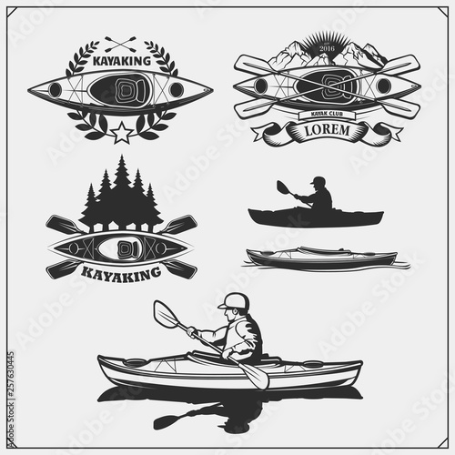 Kayak and canoe emblems, labels, badges and design elements. Vector set illustration. Print design for t-shirts.