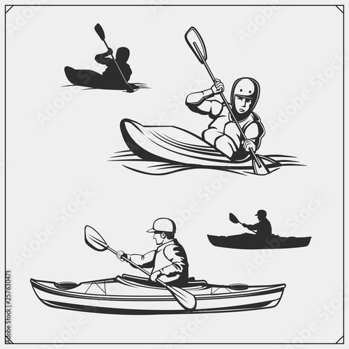 Kayak and canoe emblems, labels, badges and design elements. Vector set illustration. Print design for t-shirts.