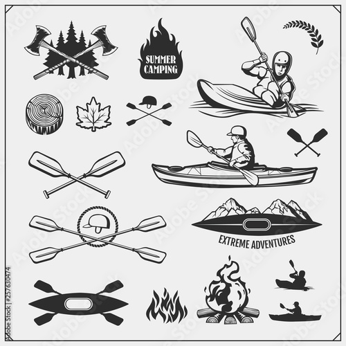Kayak and canoe emblems, labels, badges and design elements. Vector set illustration. Print design for t-shirts.