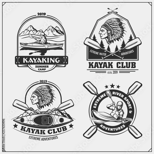 Kayak and canoe emblems, labels, badges and design elements. Vector set illustration. Print design for t-shirts.