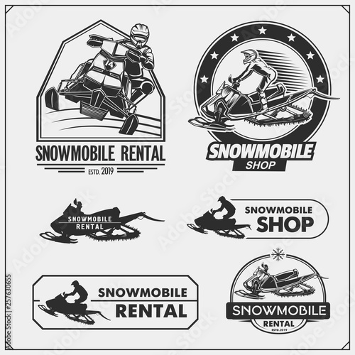 Snowmobile emblems, labels, badges and design elements. Print design for t-shirt and sport club emblems.