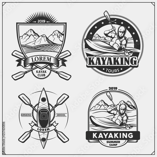 Kayak and canoe emblems, labels, badges and design elements. Vector set illustration. Print design for t-shirts.