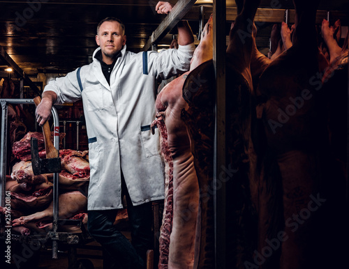 The butcher in a white work shirt holding ax while standing in a refrigerated warehouse in the midst of meat carcasses