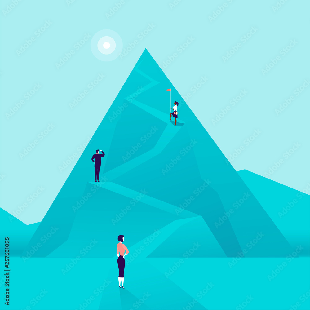 Vector business concept illustration with business people climbing mountain road up. Flat style. Career, lady leadership, growth, new goals, aspirations, women move up, follow your dreams - metaphor.