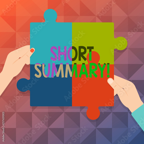 Word writing text Short Summary. Business photo showcasing Brief statement of main points clear Four Blank Multi Color Jigsaw Puzzle Tile Pieces Put Together by Human Hands photo