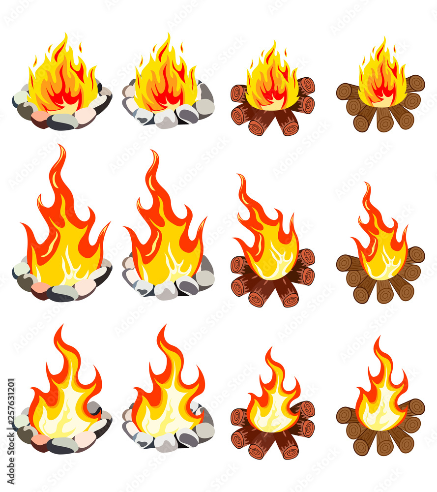 A set of twelve images of fire of different shapes. A set of twelve images of fire of different shapes.